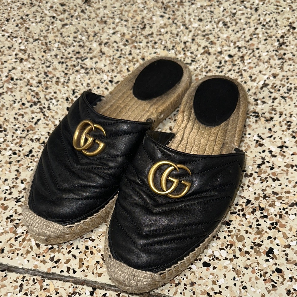Gucci Black Quilted Leather Espadrille Slides with Gold Emblem